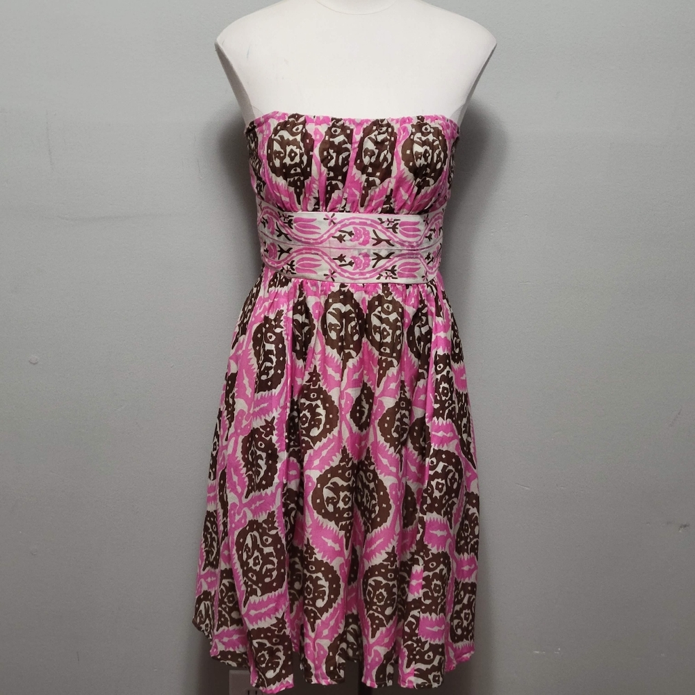 Anthro Plenty by Tracy Reese pink brown geo strapless silk blend dress size 6